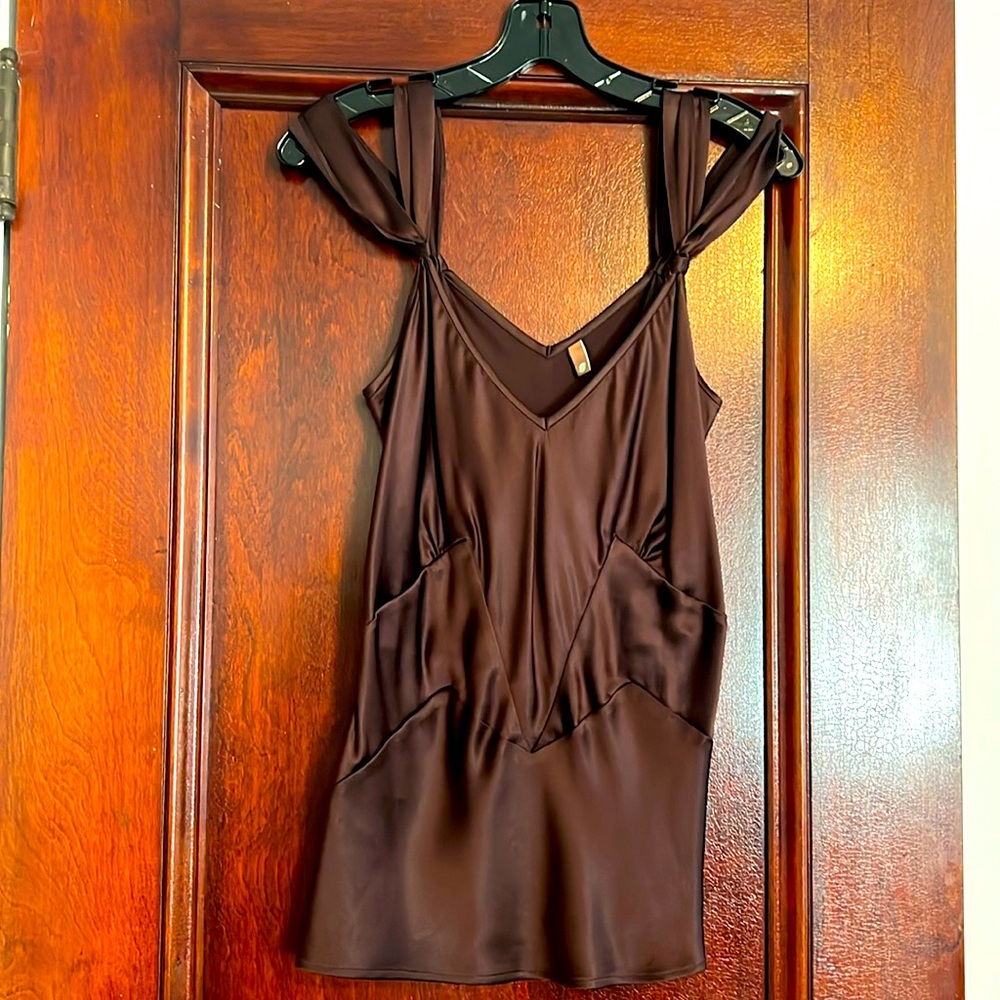 Chocolate brown silk camisole with drop shoulder.